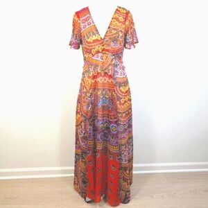 Anthropologie sheer floral rayon boho maxi w flutter cap sleeves. Size 6.